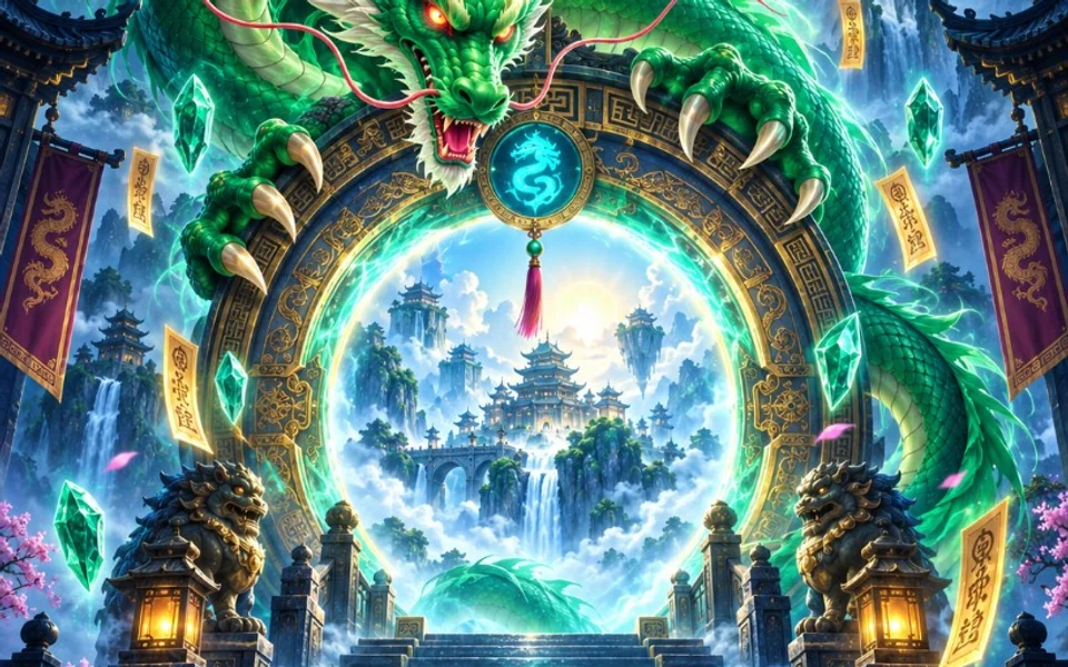 Dragão verde e portal dourado no painel de métricas RTP de Mythical Guardians